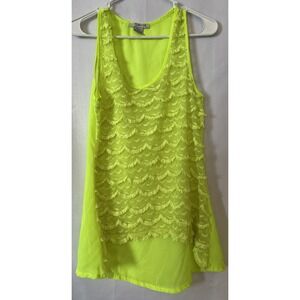 Woman's Fluorescent‎ Yellow Fringe Layered  Sheer Hi Low Tank Top/Cover Up M